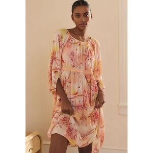 Anthropologie Tropical Print Tiered Puff-Sleeve Dress Medium Orange Vacay‎